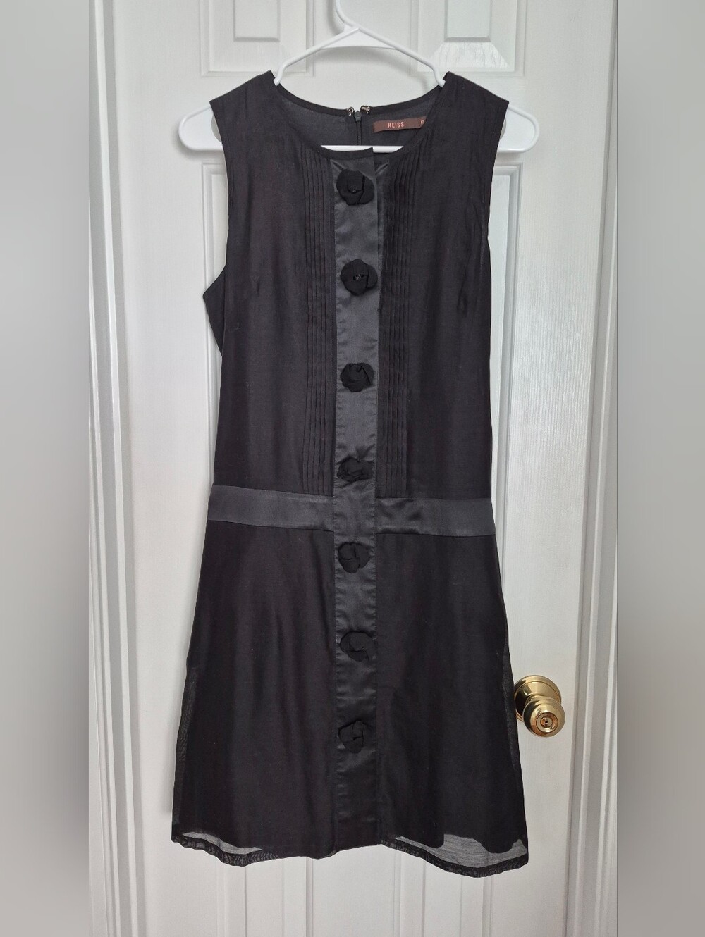 REISS Mini Black Sleeveless Cotton w/. Satin-Trim Button Dress
